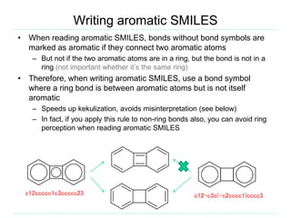 Writing aromatic SMILES
• When reading aromatic SMILES, bonds without bond symbols are
marked as aromatic if they connect two aromatic atoms
– But not if the two aromatic atoms are in a ring, but the bond is not in a
ring (not important whether it’s the same ring)
• Therefore, when writing aromatic SMILES, use a bond symbol
where a ring bond is between aromatic atoms but is not itself
aromatic
– Speeds up kekulization, avoids misinterpretation (see below)
– In fact, if you apply this rule to non-ring bonds also, you can avoid ring
perception when reading aromatic SMILES
c12ccccc1c3ccccc23 c12-c3c(-c2cccc1)cccc3
 
