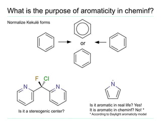 What is the purpose of aromaticity in cheminf?
Normalize Kekulé forms
Is it a stereogenic center?
Is it aromatic in real l...