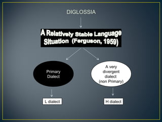 DIGLOSSIA
Primary
Dialect
A very
divergent
dialect
(non Primary)
L dialect H dialect
 