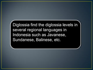 Diglossia find the diglossia levels in
several regional languages in
Indonesia such as Javanese,
Sundanese, Balinese, etc.
Diglossia find the diglossia levels in
several regional languages in
Indonesia such as Javanese,
Sundanese, Balinese, etc.
 