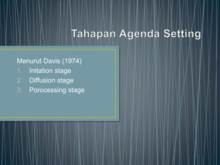 Menurut Davis (1974)
1. Initation stage
2. Diffusion stage
3. Porocessing stage
 