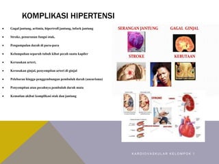 KOMPLIKASI HIPERTENSI
 Gagal jantung, aritmia, hipertrofi jantung, infark jantung
 Stroke, penurunan fungsi otak,
 Pengumpulan darah di paru-paru
 Kelumpuhan separuh tubuh kibat pecah suatu kapiler
 Kerusakan arteri,
 Kerusakan ginjal, penyempitan arteri di ginjal
 Pelebaran hingga penggembungan pembuluh darah (aneurisma)
 Penyempitan atau pecahnya pembuluh darah mata
 Kematian akibat komplikasi otak dan jantung
K A R D I O V A S K U L A R K E L O M P O K 1
 