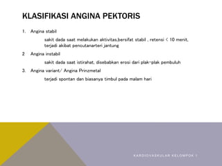 KLASIFIKASI ANGINA PEKTORIS
1. Angina stabil
sakit dada saat melakukan aktivitas,bersifat stabil , retensi < 10 menit,
terjadi akibat pencutanarteri jantung
2 Angina instabil
sakit dada saat istirahat, disebabkan erosi dari plak-plak pembuluh
3. Angina variant/ Angina Prinzmetal
terjadi spontan dan biasanya timbul pada malam hari
K A R D I O V A S K U L A R K E L O M P O K 1
 
