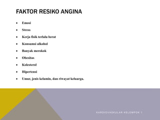 FAKTOR RESIKO ANGINA
 Emosi
 Stress
 Kerja fisik terlalu berat
 Konsumsi alkohol
 Banyak merokok
 Obesitas
 Kolesterol
 Hipertensi
 Umur, jenis kelamin, dan riwayat keluarga.
K A R D I O V A S K U L A R K E L O M P O K 1
 