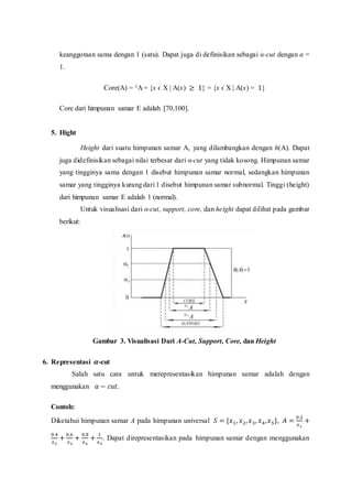 keanggotaan sama dengan 1 (satu). Dapat juga di definisikan sebagai α-cut dengan α =
1.
Core(A) = 1A = {x ϵ X | A(x) ≥ 1} = {x ϵ X | A(x) = 1}
Core dari himpunan samar E adalah [70,100].
5. Hight
Height dari suatu himpunan samar A, yang dilambangkan dengan h(A). Dapat
juga didefinisikan sebagai nilai terbesar dari α-cut yang tidak kosong. Himpunan samar
yang tingginya sama dengan 1 disebut himpunan samar normal, sedangkan himpunan
samar yang tingginya kurang dari 1 disebut himpunan samar subnormal. Tinggi (height)
dari himpunan samar E adalah 1 (normal).
Untuk visualisasi dari α-cut, support, core, dan height dapat dilihat pada gambar
berikut:
Gambar 3. Visualisasi Dari Α-Cut, Support, Core, dan Height
6. Representasi 𝜶-cut
Salah satu cara untuk merepresentasikan himpunan samar adalah dengan
menggunakan 𝛼 − 𝑐𝑢𝑡.
Contoh:
Diketahui himpunan samar A pada himpunan universal 𝑆 = {𝑥1, 𝑥2,𝑥3, 𝑥4,𝑥5}, 𝐴 =
0.2
𝑥1
+
0.4
𝑥2
+
0.6
𝑥3
+
0.8
𝑥4
+
1
𝑥5
. Dapat direpresentasikan pada himpunan samar dengan menggunakan
 