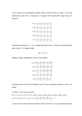 𝛼-cut, dengan cara menunjukkan apakah elemen tersebut masuk ke dalam 𝛼-cut yang
didefinisikan oleh nilai 𝛼. Himpunan A mengikuti nilai karakteristik fungsi seperti di
bawah ini:
0.2𝐴 =
1
𝑥1
+
1
𝑥2
+
1
𝑥3
+
1
𝑥4
+
1
𝑥5
0.4𝐴 =
0
𝑥1
+
1
𝑥2
+
1
𝑥3
+
1
𝑥4
+
1
𝑥5
0.6𝐴 =
0
𝑥1
+
0
𝑥2
+
1
𝑥3
+
1
𝑥4
+
1
𝑥5
0.8𝐴 =
0
𝑥1
+
0
𝑥2
+
0
𝑥3
+
1
𝑥4
+
1
𝑥5
1𝐴 =
0
𝑥1
+
0
𝑥2
+
0
𝑥3
+
0
𝑥4
+
1
𝑥5
Selanjutnya konversikan 𝛼 − 𝑐𝑢𝑡 menjadi himpunan samar 𝛼A khusus yang didefiniskan
untuk setiap x ∈ X sebagai berikut:
𝛼𝐴 = 𝛼 x 𝛼
𝐴
Sehingga dengan menggunakan rumus di atas didapat:
0.2𝐴 =
0.2
𝑥1
+
0.2
𝑥2
+
0.2
𝑥3
+
0.2
𝑥4
+
0.2
𝑥5
0.4𝐴 =
0
𝑥1
+
0.4
𝑥2
+
0.4
𝑥3
+
0.4
𝑥4
+
0.4
𝑥5
0.6𝐴 =
0
𝑥1
+
0
𝑥2
+
0.6
𝑥3
+
0.6
𝑥4
+
0.6
𝑥5
0.8𝐴 =
0
𝑥1
+
0
𝑥2
+
0
𝑥3
+
0.8
𝑥4
+
0.8
𝑥5
1𝐴 =
0
𝑥1
+
0
𝑥2
+
0
𝑥3
+
0
𝑥4
+
1
𝑥5
Gabungan khusus dari kelima himpunan samar di atas merupakan himpunan samar A itu
sendiri.
𝐴 ∪ 𝐵(𝑥) = 𝑚𝑎x [𝜇𝐴(𝑥), 𝜇𝐵(𝑥)]
(0.2A ∪ 0.4A ∪ 0.6A ∪ 0.8A ∪ 1A)(x) = max [0.2A(x), 0.4A(x), 0.6A(x), 0.8A(x), 1A(x)]
0.2A ∪ 0.4A ∪ 0.6A ∪ 0.8A ∪ 1A =
0.2
𝑥1
+
0.4
𝑥2
+
0.6
𝑥3
+
0.8
𝑥4
+
1
𝑥5
= A
Secara umum aturan tersebut disebutkan dalam Teorema 5.1 atau yang dikenal dengan
 