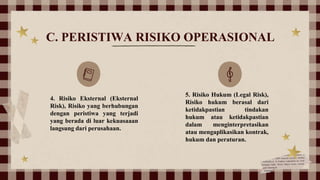 C. PERISTIWA RISIKO OPERASIONAL
4. Risiko Eksternal (Eksternal
Risk), Risiko yang berhubungan
dengan peristiwa yang terjadi
yang berada di luar kekuasaaan
langsung dari perusahaan.
5. Risiko Hukum (Legal Risk),
Risiko hukum berasal dari
ketidakpastian tindakan
hukum atau ketidakpastian
dalam menginterpretasikan
atau mengaplikasikan kontrak,
hukum dan peraturan.
 