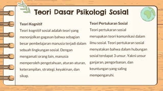 Teori Dasar Psikologi Sosial
Teori Kognitif
Teori kognitif sosial adalah teori yang
menonjolkan gagasan bahwa sebagian
besar pembelajaran manusia terjadi dalam
sebuah lingkungan sosial. Dengan
mengamati orang lain, manusia
memperoleh pengetahuan, aturan-aturan,
keterampilan, strategi, keyakinan, dan
sikap.
Teori Pertukaran Sosial
Teori pertukaran sosial
merupakan teori komunikasi dalam
ilmu sosial. Teori pertukaran sosial
menyatakan bahwa dalam hubungan
sosial terdapat 3 unsur. Yakni unsur
ganjaran, pengorbanan, dan
keuntungan yang saling
mempengaruhi.
 