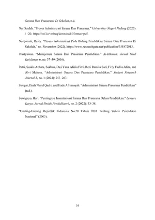16
Sarana Dan Prasarana Di Sekolah, n.d.
Nur Saidah. “Proses Administrasi Sarana Dan Prasarana.” Universitas Negeri Padang (2020):
1–20. https://osf.io/vmbzq/download/?format=pdf.
Nurqomah, Resty. “Proses Administrasi Pada Bidang Pendidikan Sarana Dan Prasarana Di
Sekolah,” no. November (2022). https://www.researchgate.net/publication/355872013.
Prastyawan. “Manajemen Sarana Dan Prasarana Pendidikan.” Al-Hikmah: Jurnal Studi
Keislaman 6, no. 37–39 (2016).
Putri, Saskia Azhara, Sakban, Dwi Yana Alidia Fitri, Reni Ramita Sari, Firly Fadila Julita, and
Alvi Mahesa. “Administrasi Sarana Dan Prasarana Pendidikan.” Student Research
Journal 2, no. 1 (2024): 253–263.
Siregar, Dyah Nurul Qadri, and Hade Afriansyah. “Administrasi Sarana Prasarana Pendidikan”
(n.d.).
Suwignyo, Hari. “Pentingnya Inventarisasi Sarana Dan Prasarana Dalam Pendidikan.” Lentera
Karya: Jurnal Ilmiah Pendidikan 6, no. 2 (2022): 33–38.
“Undang-Undang Republik Indonesia No.20 Tahun 2003 Tentang Sistem Pendidikan
Nasional” (2003).
 