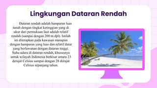 Lingkungan Dataran Rendah
You cDataran rendah adalah hamparan luas
tanah dengan tingkat ketinggian yang di
ukur dari permukaan laut adalah relatif
rendah (sampai dengan 200 m dpl). Istilah
ini diterapkan pada kawasan manapun
dengan hamparan yang luas dan relatif datar
yang berlawanan dengan dataran tinggi.
Suhu udara di dataran rendah, khususnya
untuk wilayah Indonesia berkisar antara 23
derajat Celsius sampai dengan 28 derajat
Celsius sepanjang tahun.
 