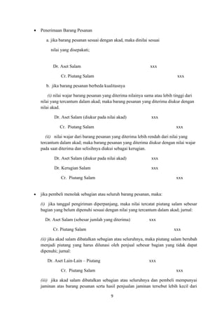 •   Penerimaan Barang Pesanan

       a. jika barang pesanan sesuai dengan akad, maka dinilai sesuai

         nilai yang disepakati;


          Dr. Aset Salam                                        xxx

               Cr. Piutang Salam                                               xxx

       b. jika barang pesanan berbeda kualitasnya

        (i) nilai wajar barang pesanan yang diterima nilainya sama atau lebih tinggi dari
    nilai yang tercantum dalam akad; maka barang pesanan yang diterima diukur dengan
    nilai akad.

           Dr. Aset Salam (diukur pada nilai akad)               xxx

              Cr. Piutang Salam                                                xxx

       (ii) nilai wajar dari barang pesanan yang diterima lebih rendah dari nilai yang
    tercantum dalam akad; maka barang pesanan yang diterima diukur dengan nilai wajar
    pada saat diterima dan selisihnya diakui sebagai kerugian.

           Dr. Aset Salam (diukur pada nilai akad)               xxx

           Dr. Kerugian Salam                                    xxx

               Cr. Piutang Salam                                               xxx


•   jika pembeli menolak sebagian atau seluruh barang pesanan, maka:

    (i) jika tanggal pengiriman diperpanjang, maka nilai tercatat piutang salam sebesar
    bagian yang belum dipenuhi sesuai dengan nilai yang tercantum dalam akad; jurnal:

      Dr. Aset Salam (sebesar jumlah yang diterima)             xxx

          Cr. Piutang Salam                                                  xxx

    (ii) jika akad salam dibatalkan sebagian atau seluruhnya, maka piutang salam berubah
    menjadi piutang yang harus dilunasi oleh penjual sebesar bagian yang tidak dapat
    dipenuhi; jurnal:

       Dr. Aset Lain-Lain – Piutang                             xxx

               Cr. Piutang Salam                                               xxx

    (iii) jika akad salam dibatalkan sebagian atau seluruhnya dan pembeli mempunyai
    jaminan atas barang pesanan serta hasil penjualan jaminan tersebut lebih kecil dari

                                          9
 