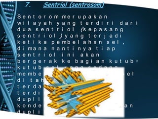 7.
Se
wi
d u
s e
k e
d i
s e
b e
k u
me
d i
t e
t e
d u
k o
d u

Sentriol (sentrosom)

n t o r o m me r u p a k a n
l a y a h y a n g t e r d i r i d a r i
a s e n t r i o l (s e p a s a n g
n t r i o l ) y a n g t e r j a d i
t i k a p e mb e l a h a n s e l ,
ma n a n a n t i n y a t i a p
n t r i o l i n i a k a n
r g e r a k k e b a g i a n k u t u b t u b s e l y a n g s e d a n g
mb e l a h . P a d a s i k l u s s e l
t a h a p a n i n t e r f a s e ,
r d a p a t f a s e S y a n g
r d i r i d a r i t a h a p
p l i k a s i k r o mo s e o m,
n d e n s a s i k r o mo s o n , d a n
p l i k a s i s e n t r o s o m.

 