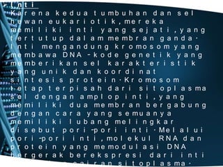 I n
Ka
h e
me
t e
I n
me
me
y a
s i
t e
s e
me
d e
me
d i
p o
p r
b e
k e

t i
r e n a k e d u a t u mb u h a n d a n s e l
w a n e u k a r i o t i k , me r e k a
mi l i k i i n t i y a n g s e j a t i , y a n g
r t u t u p d a l a m me mb r a n g a n d a .
t i me n g a n d u n g k r o mo s o m y a n g
mb a w a D N A - k o d e g e n e t i k y a n g
mb e r i k a n s e l k a r a k t e r i s t i k
n g u n i k d a n k o o r d i n a t
n t e s i s p r o t e i n . K r o mo s o m
t a p t e r p i s a h d a r i s i t o p l a s ma
l d e n g a n a mp l o p i n t i , y a n g
mi l i k i d u a me mb r a n b e r g a b u n g
n g a n c a r a y a n g s e mu a n y a
mi l i k i l u b a n g me l i n g k a r
s e b u t p o r i -p o r i i n t i . M e l a l u i
r i -p o r i i n t i , m o l e k u l R N A d a n
o t e i n y a n g me mo d u l a s i D N A
r g e r a k b e r e k s p r e s i d a r i i n t i
b a g i a n c a i r a n s i t o p l a s ma .

 