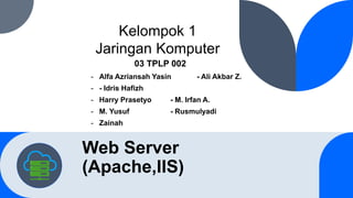 Web Server
(Apache,IIS)
- Alfa Azriansah Yasin - Ali Akbar Z.
- - Idris Hafizh
- Harry Prasetyo - M. Irfan A.
- M. Yusuf - Rusmulyadi
- Zainah
Kelompok 1
Jaringan Komputer
03 TPLP 002
 