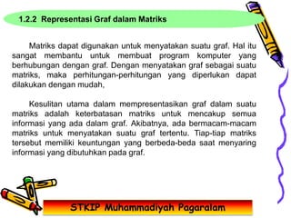 1.2.2 Representasi Graf dalam Matriks
STKIP Muhammadiyah Pagaralam
Matriks dapat digunakan untuk menyatakan suatu graf. Hal itu
sangat membantu untuk membuat program komputer yang
berhubungan dengan graf. Dengan menyatakan graf sebagai suatu
matriks, maka perhitungan-perhitungan yang diperlukan dapat
dilakukan dengan mudah,
Kesulitan utama dalam mempresentasikan graf dalam suatu
matriks adalah keterbatasan matriks untuk mencakup semua
informasi yang ada dalam graf. Akibatnya, ada bermacam-macam
matriks untuk menyatakan suatu graf tertentu. Tiap-tiap matriks
tersebut memiliki keuntungan yang berbeda-beda saat menyaring
informasi yang dibutuhkan pada graf.
 