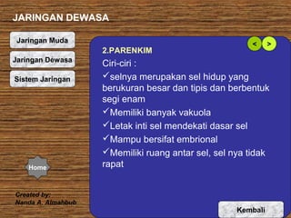 JARINGAN DEWASA
Jaringan Muda

2.PARENKIM
Jaringan Dewasa
Sistem Jaringan

Home

Created by:
Nanda A. Almahbub

<

>

Ciri-ciri :
selnya merupakan sel hidup yang
berukuran besar dan tipis dan berbentuk
segi enam
Memiliki banyak vakuola
Letak inti sel mendekati dasar sel
Mampu bersifat embrional
Memiliki ruang antar sel, sel nya tidak
rapat

Kembali

 