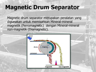 Magnetic Drum Separator
Magnetic drum separator merupakan peralatan yang
digunakan untuk memisahkan Mineral-mineral
magnetik (Ferromagnetic) dengan Mineral-mineral
non-magnetik (Diamagnetic).
 