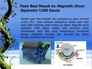 Pasir Besi Masuk ke Magnetic Drum
Separator 1200 Gauss
Setelah pasir besi terpisah dari pengotornya pada trommel
screen 28#, maka tahapan selanjutnya adalah pasir besi
yang telah tersaring akan masuk ke dalam Magnetic drum
separator 1200 Gauss melalui belt conveyor untuk
memisahkan pasir besi yang mengandung konsentrat
berupa magnetite, ilmenite, dan hematite dan tailing
berupa vanadinite dan kuarsa.
 