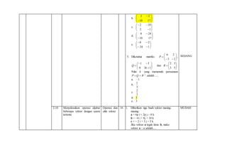 b.
1710
22








c.
12
102








d.
1710
248








e.
142
28








5. Diketahui matriks 







23
26
P ,









130
51
k
Q dan 






53
32
R .
Nilai k yang memenuhi persamaan
1
 RQP adalah ....
a. – 1
b.
3
1
c.
3
2
d. 1
e. 3
SEDANG
2.10 Menyelesaikan operasi aljabar
beberapa vektor dengan syarat
tertentu
Operasi dan
sifat vektor
16 1. Diberikan tiga buah vektor masing-
masing:
a = 6p i + 2p j − 8 k
b = −4 i + 8j + 10 k
c = − 2 i + 3 j − 5 k
Jika vektor a tegak lurus b, maka
vektor a − c adalah.....
MUDAH
 