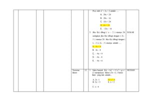 P(x) oleh x2 + 2x + 2 adalah ….
A. 20x + 24
B. 20x – 16
C. 32x + 24
D. 8x + 24
E. –32x – 16
5. Jika f(x) dibagi ( x – 2 ) sisanya 24,
sedagkan jika f(x) dibagi dengan ( 2x –
3 ) sisanya 20. Jika f(x) dibagi dengan (
x – 2 ) ( 2x – 3 ) sisanya adalah ….
A. 8x + 8
B. 8x – 8
C. – 8x + 8
D. – 8x – 8
E. – 8x + 6
SUKAR
Teorema
faktor
12 1. Suku banyak f(x) = 6x3 + 13 x2 + q x +
12 mempunyai faktor (3x -1) , Faktor
linier yang lain adalah...
A. 2x -1 D. x + 4
B. 2x + 3 E. x + 2
C. x - 4
MUDAH
 