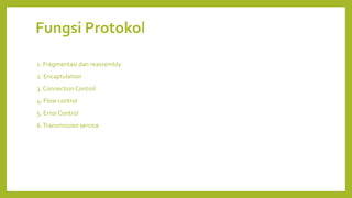Fungsi Protokol
1. Fragmentasi dan reassembly
2. Encaptulation
3. ConnectionControl
4. Flow control
5. Error Control
6.Transmission service
 