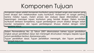 Komponen Tujuan
5 Presentation title 20XX
Komponen tujuan adalah komponen kurikulum yang menjadi target atau sasaran yang
mesti dicapai dari melaksanakan suatu kurikulum. Komponen ini sangat penting,
karena melalui tujuan, materi proses dan evaluasi dapat dikendalikan untuk
kepentingan mencapai tujuan kurikulum yang hendak dicapai. Dalam konteks
kurikulum berbasis kompetensi, tujuan pembelajaran umum disebut dengan istilah
standar kompetensi dan tujuan pembelajaran khusus disebut dengan istilah
kompetensi dasar.
Dalam Permendiknas No. 22 Tahun 2007 dikemukakan bahwa tujuan pendidikan
tingkat satuan pendidikan dasar dan menengah dirumuskan mengacu kepada tujuan
umum pendidikan berikut, diantaranya yaitu
Tujuan pendidikan dasar, Tujuan pendidikan menengah, dan Tujuan pendidikan
menengah kejuruan
 