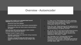 Overview - Autoencoder
Autoencoder adalah jenis unsupervised neural
network yang bertujuan untuk:
1. Menerima input dari d...
