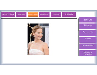 Early Life
Education
Personal life
Career
Achievement
Moment to
remember
INTRODUCTION Lionel Messi Jennifer Lawrence Michael Jordan Usain Bolt SUMMARY
 