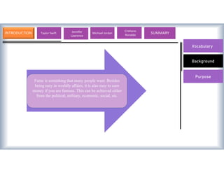 INTRODUCTION
Vocabulary
Background
Purpose
Taylor Swift Jennifer
Lawrence
Michael Jordan SUMMARY
Cristiano
Ronaldo
Fame is something that many people want. Besides
being easy in worldly affairs, it is also easy to earn
money if you are famous. This can be achieved either
from the political, military, economic, social, etc.
Vocabulary
 