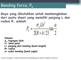 Gaya yang dibutuhkan untuk membengkokan
dari suatu sheet yang memiliki panjang L dan
radius R, adalah:
Bending force, Pb
Dimana:
σo= tegangan luluh
h= tebal pelat
L= panjang plat bending (bend length)
R= radius
α= sudut bending (bend angle)
Source: George E. Dieter,mechanical metallurgy SI metric edition, hal 662
6
Bending_Kel.4
 