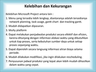 Kelebihan dan Kekurangan
Kelebihan Microsoft Project antara lain :
1. Menu yang tersedia lebih lengkap, diantaranya adalah tersedianya
network planning, task usage, gantt chart dan tracking gantt.
2. Mudah didapatkan dipasaran.
3. Multy platform
4. Dapat melakukan penjadwalan produksi secara efektif dan efisien,
karena ditunjang dengan informasi alokasi waktu yang dibutuhkan
untuk tiap proses, serta kebutuhan sumber daya untuk setiap
proses sepanjang waktu.
5. Dapat diperoleh secara langsung informasi aliran biaya selama
periode.
6. Mudah dilakukan modifikasi, jika ingin dilakukan rescheduling.
7. Penyusunan jadwal produksi yang tepat akan lebih mudah dihasilkan
dalam waktu yang cepat.
 