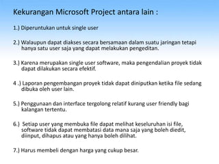 Kekurangan Microsoft Project antara lain :
1.) Diperuntukan untuk single user
2.) Walaupun dapat diakses secara bersamaan dalam suatu jaringan tetapi
hanya satu user saja yang dapat melakukan pengeditan.
3.) Karena merupakan single user software, maka pengendalian proyek tidak
dapat dilakukan secara efektif.
4 .) Laporan pengembangan proyek tidak dapat diniputkan ketika file sedang
dibuka oleh user lain.
5.) Penggunaan dan interface tergolong relatif kurang user friendly bagi
kalangan tertentu.
6.) Setiap user yang membuka file dapat melihat keseluruhan isi file,
software tidak dapat membatasi data mana saja yang boleh diedit,
diinput, dihapus atau yang hanya boleh dilihat.
7.) Harus membeli dengan harga yang cukup besar.
 