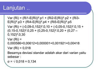 Lanjutan ..
Var (Ri) = (Ri1-E(Ri))².p1 + (Ri2-E(Ri))².p2 + (Ri3-
E(Ri))².p3 + (Ri4-E(Ri))².p4 + (Ri5-E(Ri))².p5
Var (Ri) = (-0,09-0,152)².0,10 + (-0,05-0,152)².0,15 +
(0,15-0,152)².0,25 + (0,25-0,152)².0,20 + (0,27 –
0,152)².0,30
Var (Ri) =
0,000586+0,00612+0,000001+0,001921+0,00418
Var (Ri) = 0,018
Besarnya deviasi standar adalah akar dari varian yaitu
sebesar :
σ = √ 0,018 = 0,134
 