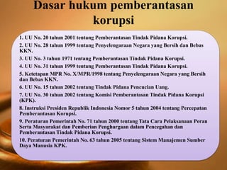 Dasar hukum pemberantasan
korupsi
1. UU No. 20 tahun 2001 tentang Pemberantasan Tindak Pidana Korupsi.
2. UU No. 28 tahun 1999 tentang Penyelengaraan Negara yang Bersih dan Bebas
KKN.
3. UU No. 3 tahun 1971 tentang Pemberantasan Tindak Pidana Korupsi.
4. UU No. 31 tahun 1999 tentang Pemberantasan Tindak Pidana Korupsi.
5. Ketetapan MPR No. X/MPR/1998 tentang Penyelengaraan Negara yang Bersih
dan Bebas KKN.
6. UU No. 15 tahun 2002 tentang Tindak Pidana Pencucian Uang.
7. UU No. 30 tahun 2002 tentang Komisi Pemberantasan Tindak Pidana Korupsi
(KPK).
8. Instruksi Presiden Republik Indonesia Nomor 5 tahun 2004 tentang Percepatan
Pemberantasan Korupsi.
9. Peraturan Pemerintah No. 71 tahun 2000 tentang Tata Cara Pelaksanaan Peran
Serta Masyarakat dan Pemberian Penghargaan dalam Pencegahan dan
Pemberantasan Tindak Pidana Korupsi.
10. Peraturan Pemerintah No. 63 tahun 2005 tentang Sistem Manajemen Sumber
Daya Manusia KPK.
 