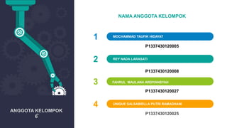 NAMA ANGGOTA KELOMPOK
1
P1337430120005
MOCHAMMAD TAUFIK HIDAYAT
2
P1337430120008
.
REY NADA LARASATI
3
P1337430120027
4
P1337430120025
UNIQUE SALSABIELLA PUTRI RAMADHANI
ANGGOTA KELOMPOK
6
FAHRUL MAULANA ARDIYANSYAH
 