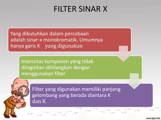 FILTER SINAR X
Yang dibutuhkan dalam percobaan
adalah sinar-x monokromatik. Umumnya
hanya garis K yang digunakan
Intensitas komponen yang tidak
diinginkan dihilangkan dengan
menggunakan filter
Filter yang digunakan memiliki panjang
gelombang yang berada diantara K
dan K
 