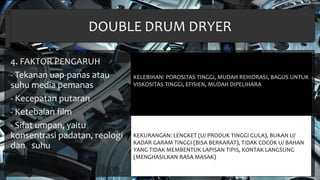 DOUBLE DRUM DRYER
4. FAKTOR PENGARUH
- Tekanan uap-panas atau
suhu media pemanas
- Kecepatan putaran
- Ketebalan film
- Sifat umpan, yaitu
konsentrasi padatan, reologi
dan suhu
KELEBIHAN: POROSITAS TINGGI, MUDAH REHIDRASI, BAGUS UNTUK
VISKOSITAS TINGGI, EFISIEN, MUDAH DIPELIHARA
KEKURANGAN: LENGKET (U/ PRODUK TINGGI GULA), BUKAN U/
KADAR GARAM TINGGI (BISA BERKARAT), TIDAK COCOK U/ BAHAN
YANG TIDAK MEMBENTUK LAPISAN TIPIS, KONTAK LANGSUNG
(MENGHASILKAN RASA MASAK)
 