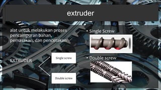 extruder
alat untuk melakukan proses
pencampuran bahan,
pemasakan, dan pencetakan
EXTRUDER
• Single Screw
• Double screw
Double screw
Single screw
 