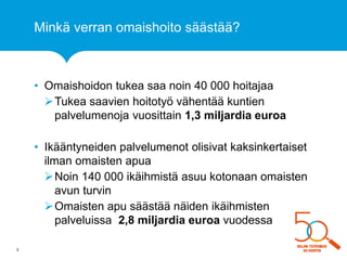 Minkä verran omaishoito säästää? 
•Omaishoidon tukea saa noin 40 000 hoitajaa 
Tukea saavien hoitotyö vähentää kuntien palvelumenoja vuosittain 1,3 miljardia euroa 
•Ikääntyneiden palvelumenot olisivat kaksinkertaiset ilman omaisten apua 
Noin 140 000 ikäihmistä asuu kotonaan omaisten avun turvin 
Omaisten apu säästää näiden ikäihmisten palveluissa 2,8 miljardia euroa vuodessa 
3  