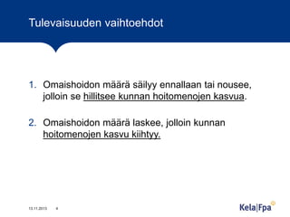 Tulevaisuuden vaihtoehdot

1. Omaishoidon määrä säilyy ennallaan tai nousee,
jolloin se hillitsee kunnan hoitomenojen kasvua.

2. Omaishoidon määrä laskee, jolloin kunnan
hoitomenojen kasvu kiihtyy.

13.11.2013

4

 