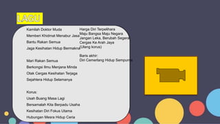 Kamilah Doktor Muda
Memberi Khidmat Menabur Jasa
Bantu Rakan Semua
Jaga Kesihatan Hidup Bermakna
Mari Rakan Semua
Berkongsi Ilmu Menjana Minda
Otak Cergas Kesihatan Terjaga
Sejahtera Hidup Selamanya
Korus:
Usah Buang Masa Lagi
Bersamalah Kita Berpadu Usaha
Kesihatan Diri Fokus Utama
Hubungan Mesra Hidup Ceria
Harga Diri Terpelihara
Maju Bangsa Maju Negara
Jangan Leka, Berubah Segera
Cergas Ke Arah Jaya
(Ulang korus)
Baris akhir:
Diri Cemerlang Hidup Sempurna
 