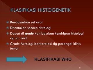  Berdasarkan sel asal
 Ditentukan secara histologi
 Dapat di grade kan bdsrkan kemiripan histologi
dg jar asal
 Grade histologi berkorelasi dg perangai klinis
tumor
11
KLASIFIKASI WHO
 