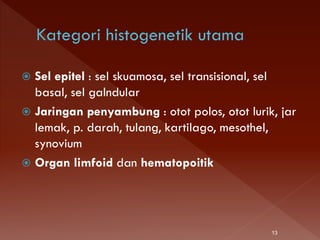  Sel epitel : sel skuamosa, sel transisional, sel
basal, sel galndular
 Jaringan penyambung : otot polos, otot lurik, jar
lemak, p. darah, tulang, kartilago, mesothel,
synovium
 Organ limfoid dan hematopoitik
13
 