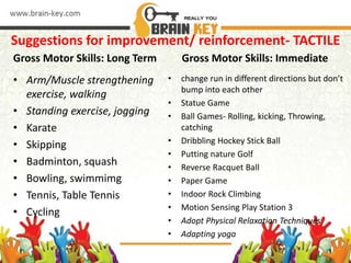 Suggestions for improvement/ reinforcement- TACTILE
Gross Motor Skills: Long Term
• Arm/Muscle strengthening
exercise, walking
• Standing exercise, jogging
• Karate
• Skipping
• Badminton, squash
• Bowling, swimmimg
• Tennis, Table Tennis
• Cycling
Gross Motor Skills: Immediate
• change run in different directions but don’t
bump into each other
• Statue Game
• Ball Games- Rolling, kicking, Throwing,
catching
• Dribbling Hockey Stick Ball
• Putting nature Golf
• Reverse Racquet Ball
• Paper Game
• Indoor Rock Climbing
• Motion Sensing Play Station 3
• Adopt Physical Relaxation Techniques
• Adapting yoga
 