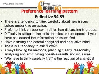 Preference learning pattern
Reflective 34.89
• There is a tendency to think carefully about new issues
before embarking on action.
• Prefer to think on your own, rather than discussing in groups.
• Difficulty in sitting in line to listen to lectures or speech if you
have not learned the information or issues first.
• Have a strong and careful analytical and deductive mind.
• There is a tendency to ask "How?".
• Always looking for methods, planning clearly, reasonably
analyzing and anticipating possible results and situations.
• "We have to think carefully first" is the reaction of analytical
people.
 