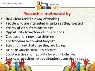 Peacock is motivated by
• New ideas and their way of working
• People who are interested in surprises they created
• Variety of work from day to day
• Opportunity to explore various options
• Creative and Innovative thinking
• The freedom to do what they like
• Sensation and challenge they are facing
• Manage various activities at once
• Spontaneities and flexibility for a quick change
• Busyness, activities, chaos situation, even the noise
around them.
 