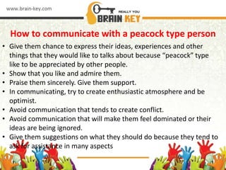 How to communicate with a peacock type person
• Give them chance to express their ideas, experiences and other
things that they would like to talks about because “peacock” type
like to be appreciated by other people.
• Show that you like and admire them.
• Praise them sincerely. Give them support.
• In communicating, try to create enthusiastic atmosphere and be
optimist.
• Avoid communication that tends to create conflict.
• Avoid communication that will make them feel dominated or their
ideas are being ignored.
• Give them suggestions on what they should do because they tend to
ask for assistance in many aspects
 