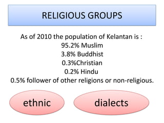 RELIGIOUS GROUPS
As of 2010 the population of Kelantan is :
95.2% Muslim
3.8% Buddhist
0.3%Christian
0.2% Hindu
0.5% follower of other religions or non-religious.
ethnic dialects
 