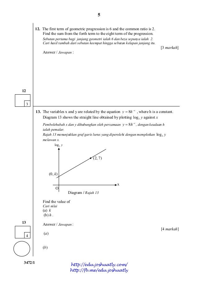 Bank soalan: Percubaan matematik tambahan kelantan 2013