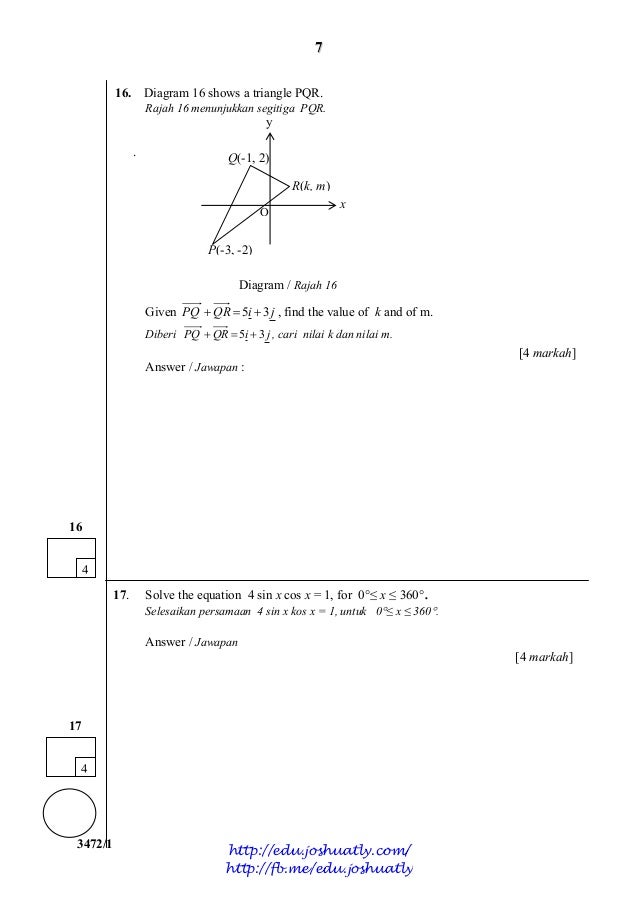 Bank soalan: Percubaan matematik tambahan kelantan 2013